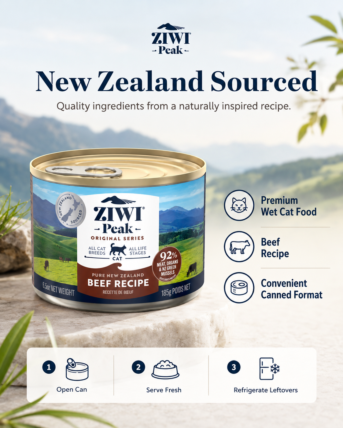 Ziwi Peak Beef Recipe premium wet cat food feeding and storage guide