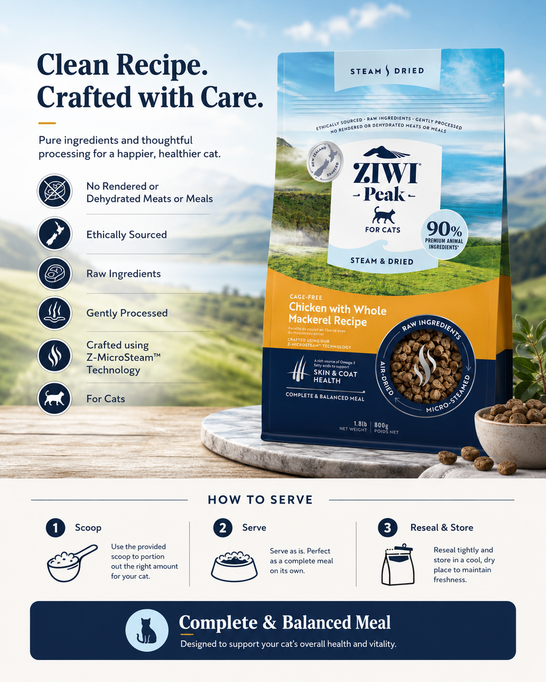 Ziwi Peak Steam and Dried Chicken with Whole Mackerel Recipe clean dry cat food with no rendered meats or meals