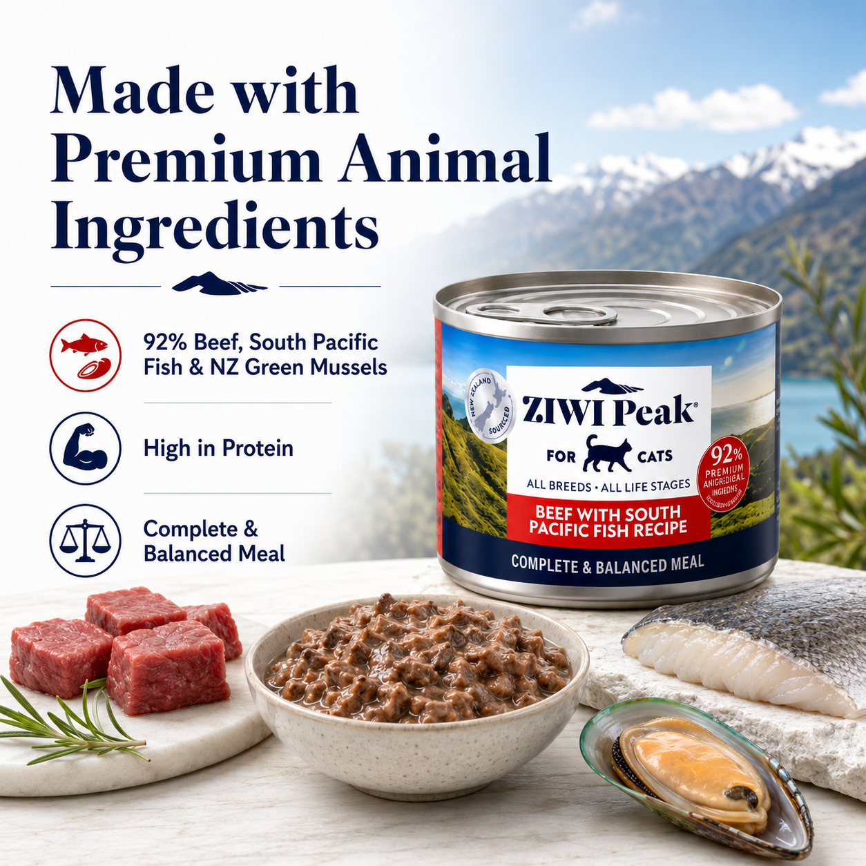 Ziwi Peak Beef with South Pacific Fish Recipe cat food made with beef, fish and green mussels
