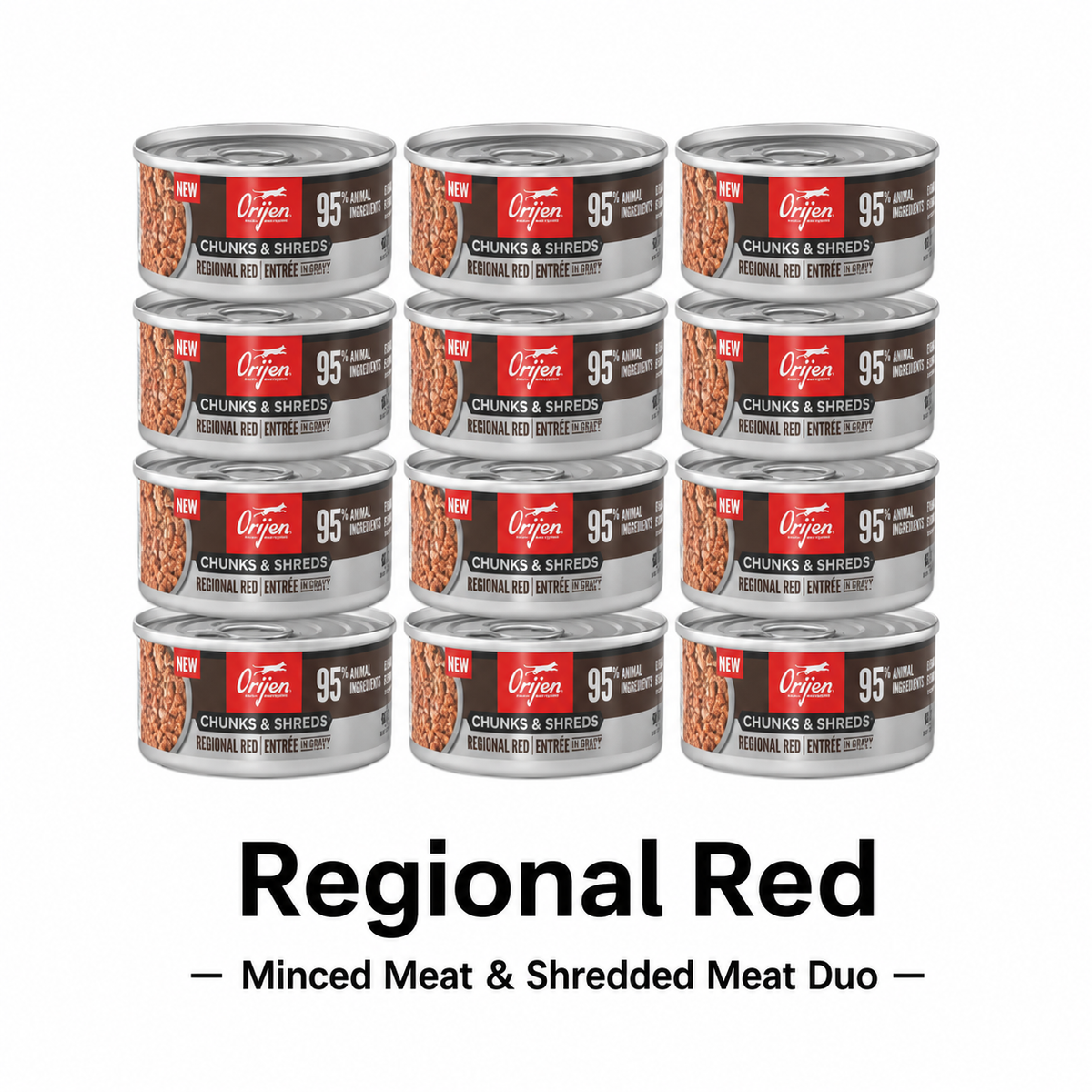 ORIJEN Chunks & Shreds Regional Red wet cat food 12 pack with minced meat and shredded meat texture