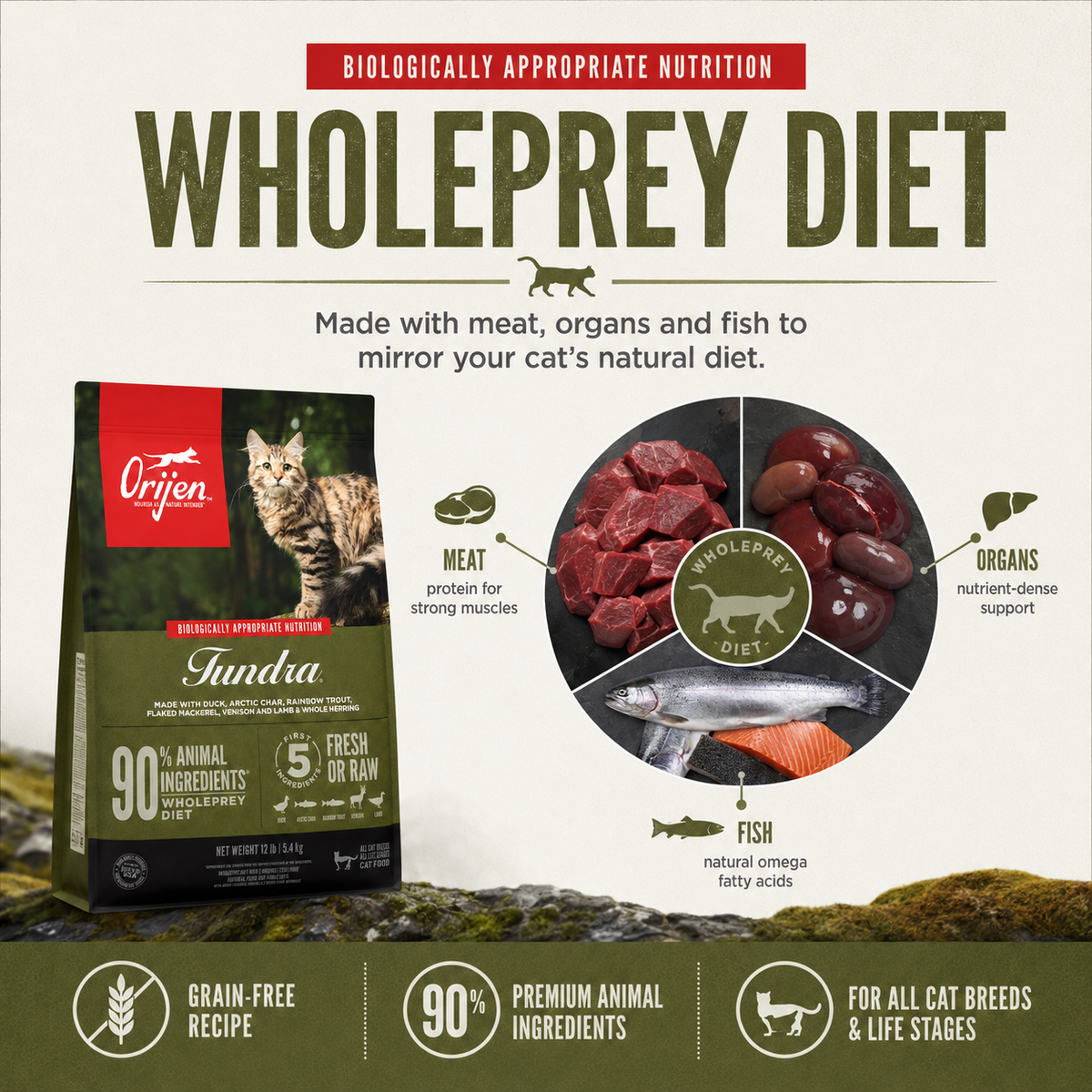 Orijen Tundra WholePrey diet cat food made with meat organs and fish to mirror a natural feline diet with grain free recipe 90 percent premium animal ingredients and nutrition for all cat breeds and life stages