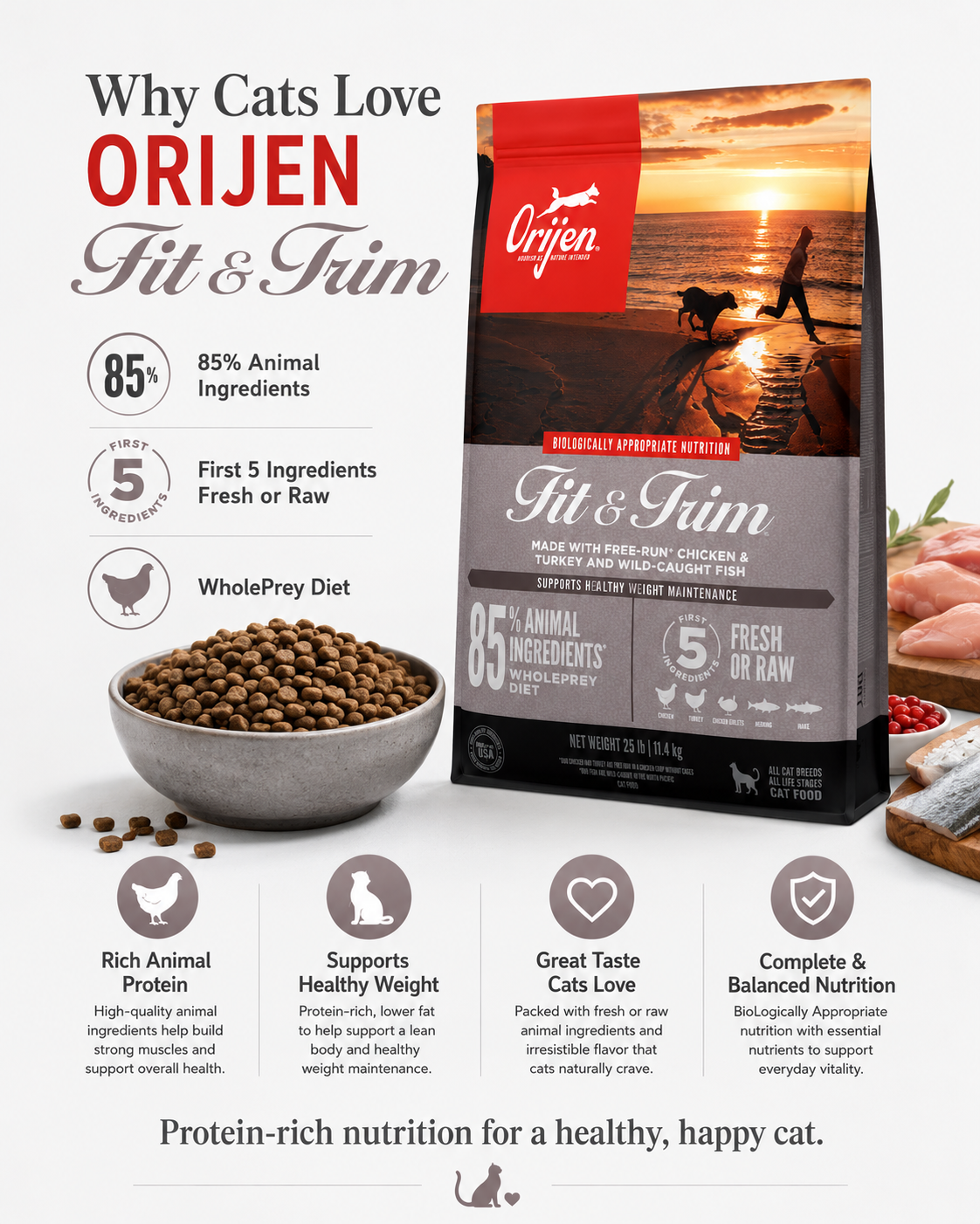 ORIJEN Fit & Trim dry cat food for cats with rich animal protein and balanced daily nutrition