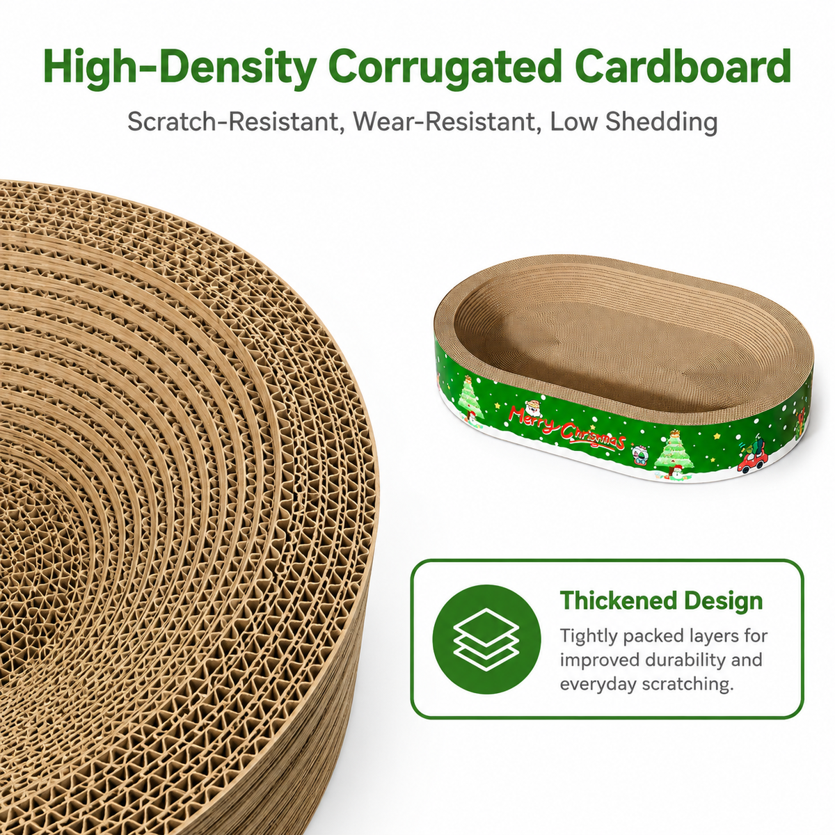 High-density corrugated cardboard cat scratcher with thickened durable and low-shedding layers