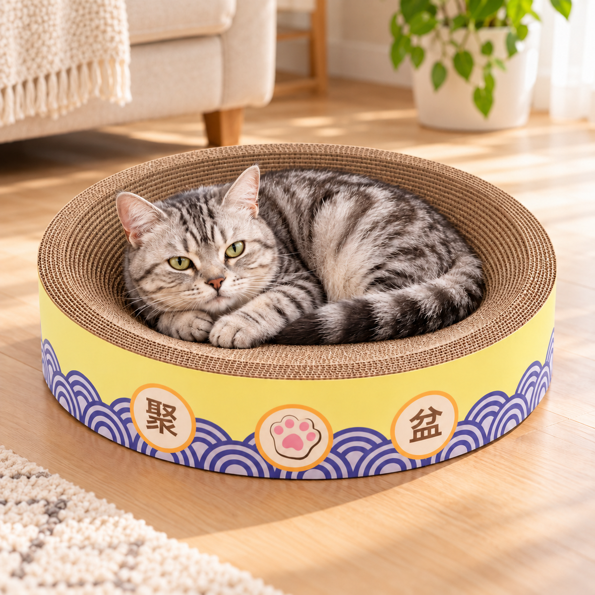 Silver tabby cat resting in a round cardboard scratcher bed with a yellow and blue wave design
