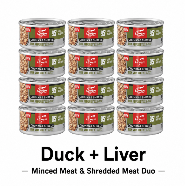 ORIJEN Duck and Liver wet cat food cans with minced meat and shredded meat duo for cats