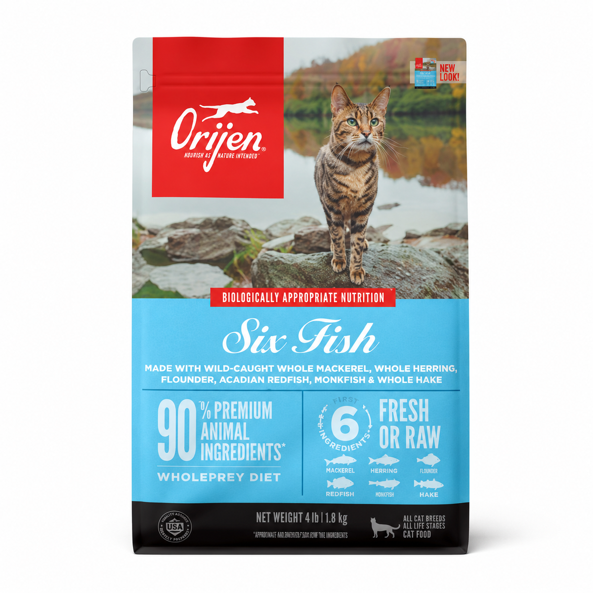Orijen Six Fish dry cat food front packaging with wild-caught mackerel herring flounder redfish monkfish and hake featuring 90 percent premium animal ingredients and WholePrey nutrition for all life stages cats