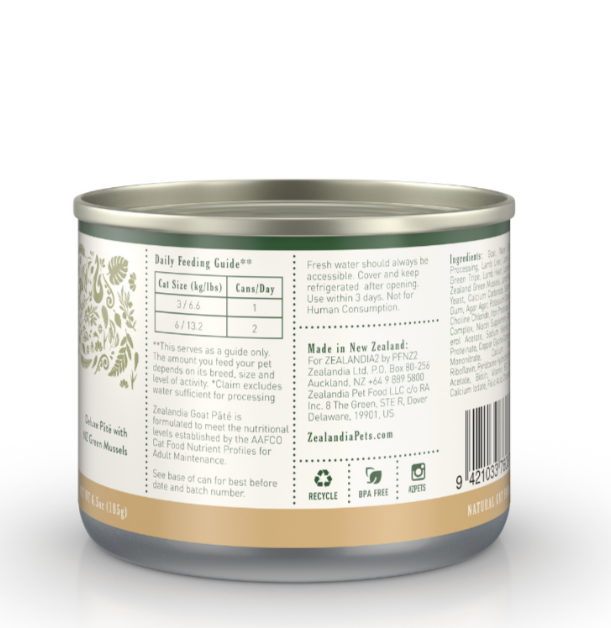 Zealandia Goat Pate canned cat food back label showing feeding guide, ingredients and product information