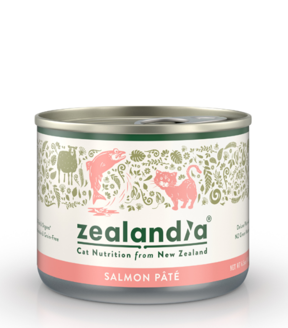 Zealandia Salmon Pate wet cat food can front view with New Zealand salmon recipe packaging