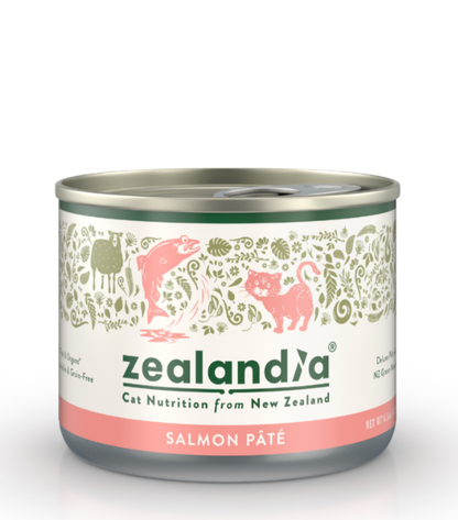 Zealandia Salmon Pate wet cat food can front view with New Zealand salmon recipe packaging