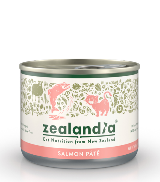 Zealandia Salmon Pate wet cat food can front view with New Zealand salmon recipe packaging