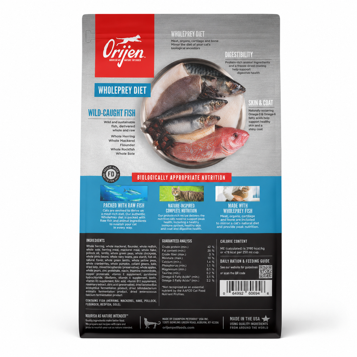 Orijen Six Fish dry cat food back packaging showing WholePrey fish diet wild-caught fish ingredients digestibility skin and coat benefits guaranteed analysis and feeding information for cats