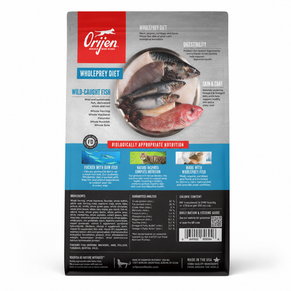Orijen Six Fish dry cat food back packaging showing WholePrey fish diet wild-caught fish ingredients digestibility skin and coat benefits guaranteed analysis and feeding information for cats