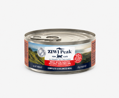 Ziwi Peak Beef with South Pacific Fish Recipe 85g canned cat food product front view