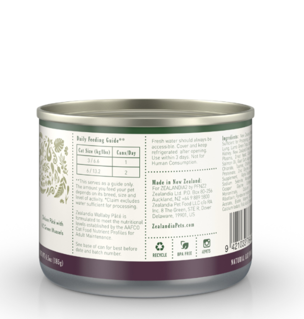 Zealandia Wallaby Pate canned cat food back label showing feeding guide and product information