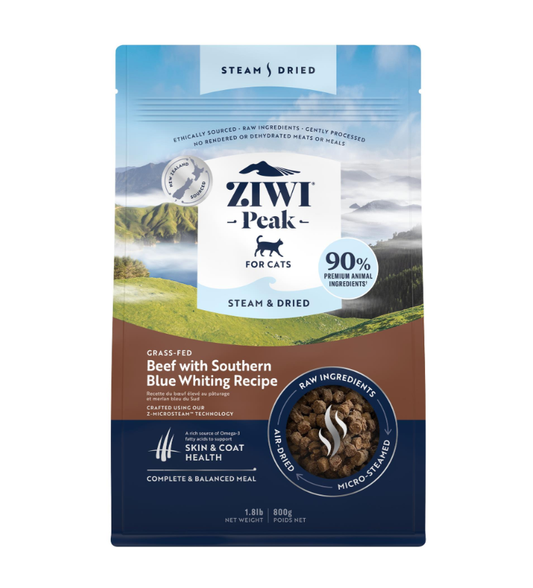 Ziwi Peak Steam and Dried Grass Fed Beef with Southern Blue Whiting Recipe dry cat food 800g packaging