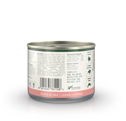 Zealandia Salmon Formula wet cat food can label showing ingredients and complete balanced nutrition information