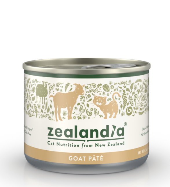 Zealandia Goat Pate wet cat food can front view with New Zealand goat recipe packaging