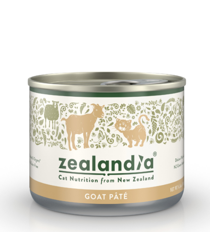 Zealandia Goat Pate wet cat food can front view with New Zealand goat recipe packaging