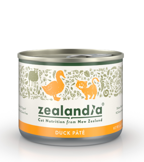 Zealandia Duck Pate wet cat food can front view with New Zealand duck recipe packaging
