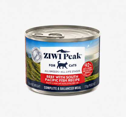 Ziwi Peak Beef with South Pacific Fish Recipe canned cat food front view, 170g complete and balanced wet cat food for cats