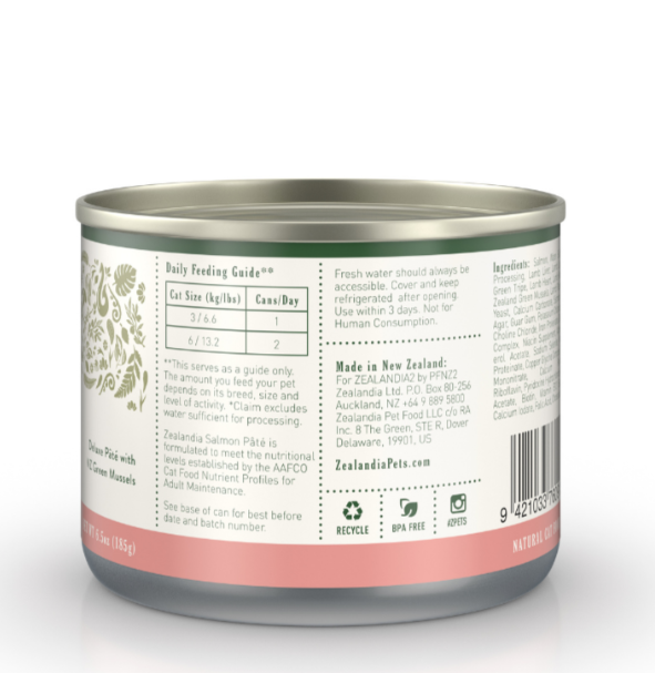 Zealandia Salmon Pate canned cat food back label showing feeding guide, ingredients and product information