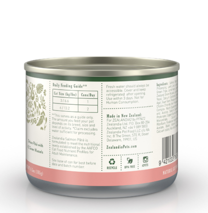 Zealandia Salmon Pate canned cat food back label showing feeding guide, ingredients and product information