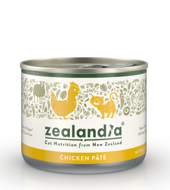 Zealandia Chicken Pate wet cat food can front view with New Zealand chicken recipe packaging
