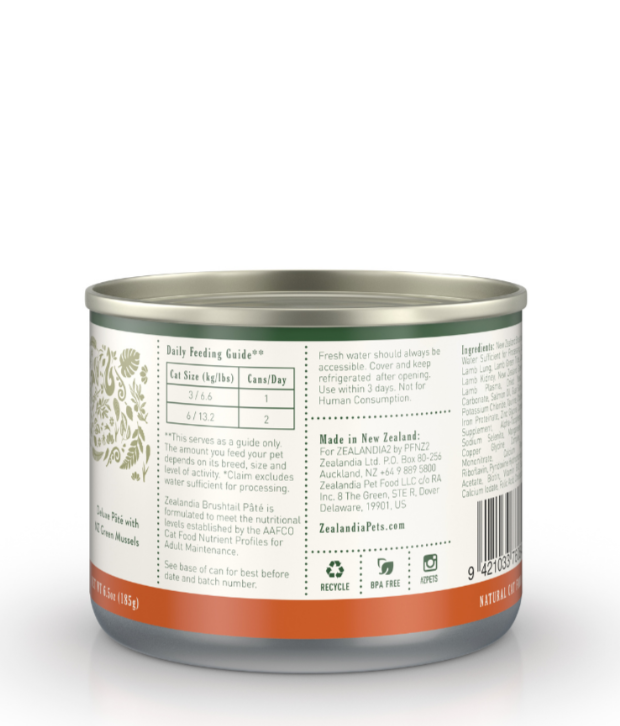 Zealandia Brushtail Pate canned cat food back label showing feeding guide, ingredients and product information