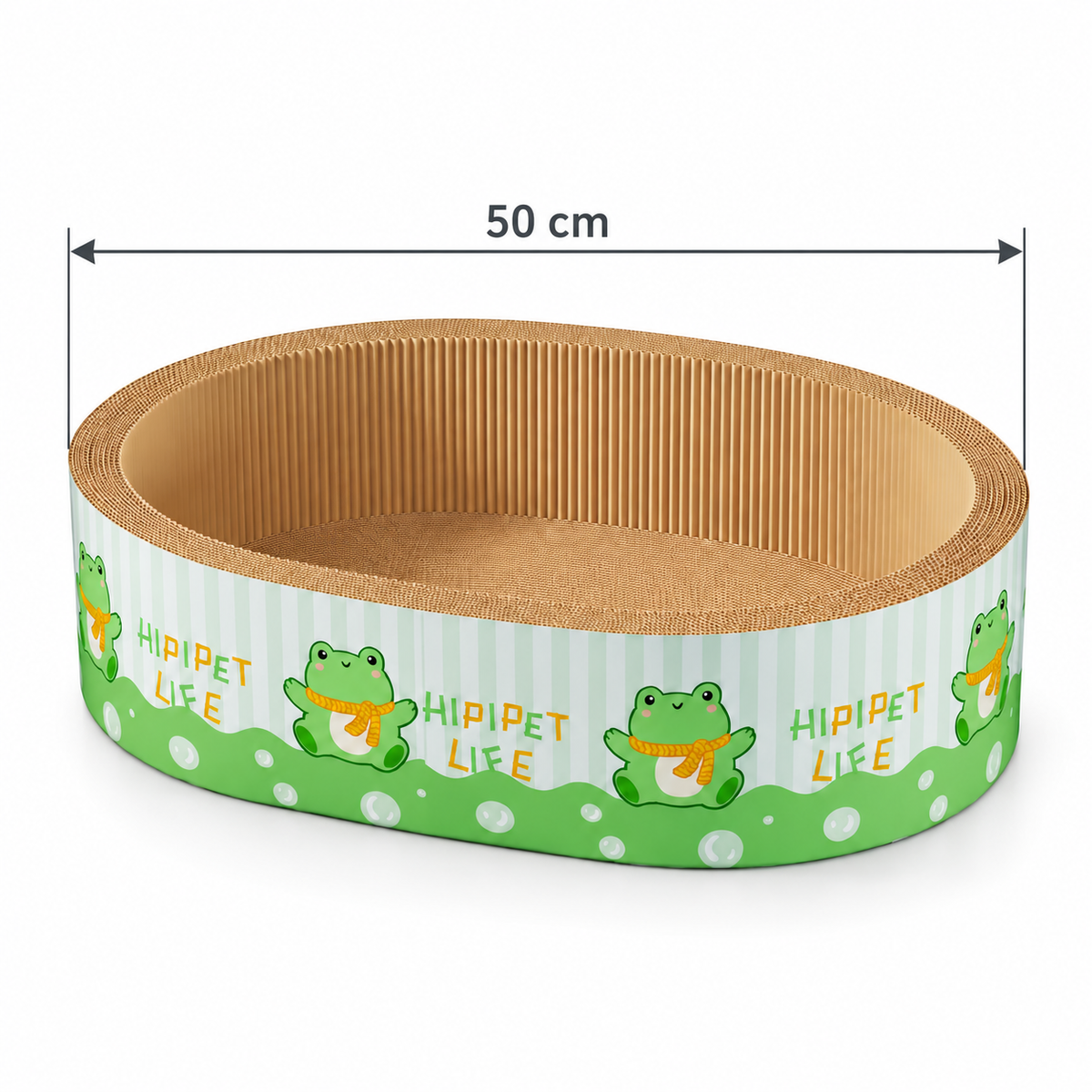 Oval cardboard cat scratcher bed with a green frog print and a 50 cm length measurement on a white background