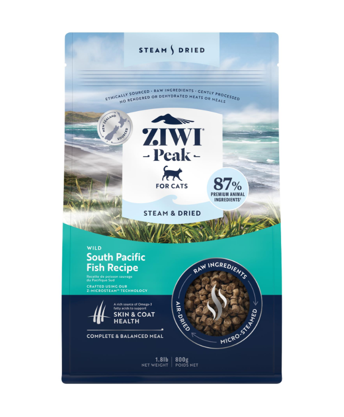 Ziwi Peak Steam and Dried South Pacific Fish Recipe dry cat food 800g front packaging