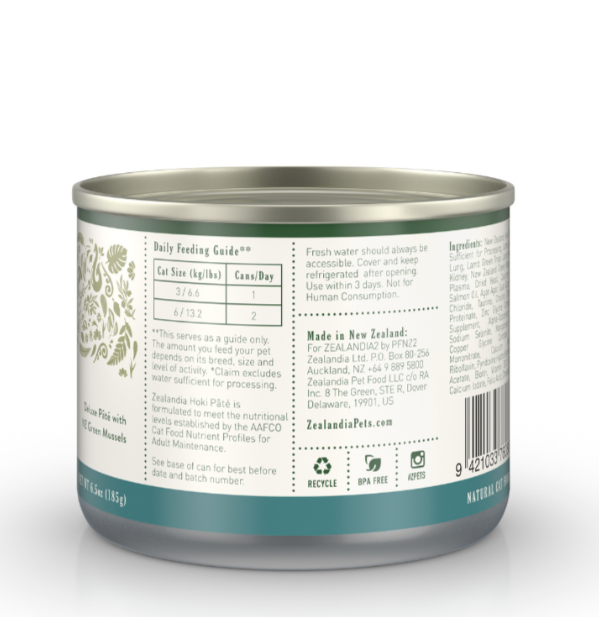 Zealandia Hoki Fish Pate canned cat food back label showing feeding guide, ingredients and product information