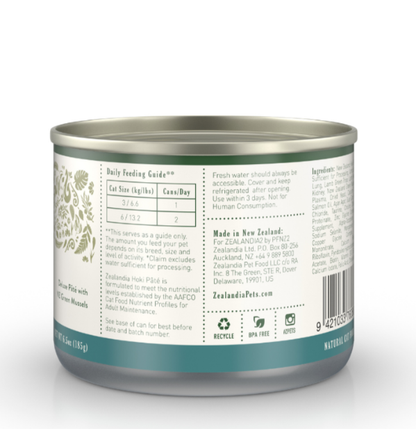 Zealandia Hoki Fish Pate canned cat food back label showing feeding guide, ingredients and product information