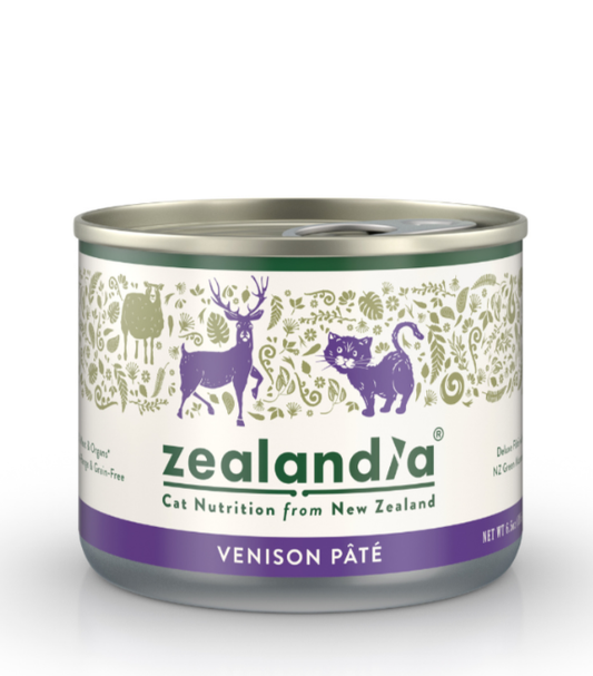 Zealandia Venison Pate wet cat food can front view with New Zealand venison recipe packaging