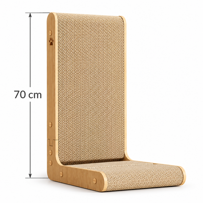 L-shaped cardboard cat scratcher with a height measurement of 70 cm