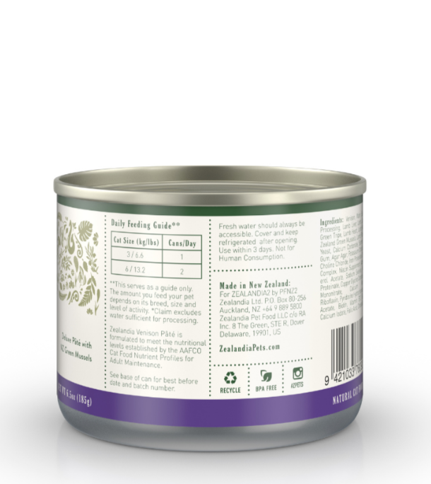 Zealandia Venison Pate canned cat food back label showing feeding guide, ingredients and product information