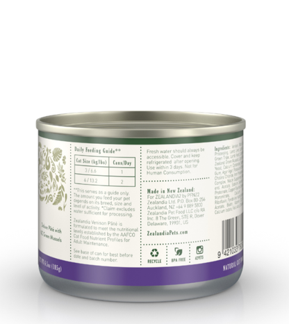 Zealandia Venison Pate canned cat food back label showing feeding guide, ingredients and product information