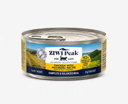 Ziwi Peak Chicken with Mackerel Recipe 85g wet cat food can on white background