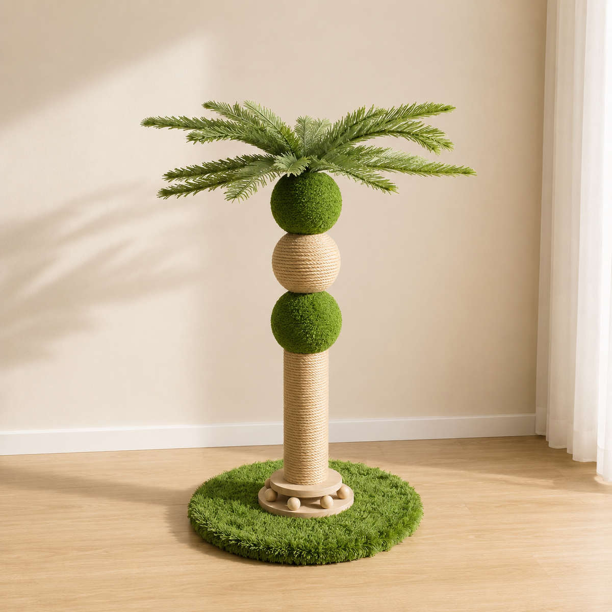 Coconut tree cat scratching post with sisal rope, faux grass base and palm leaf design for indoor cats