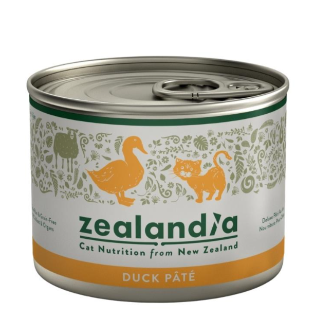 Zealandia Duck Pate canned wet cat food front view with sealed pull tab lid