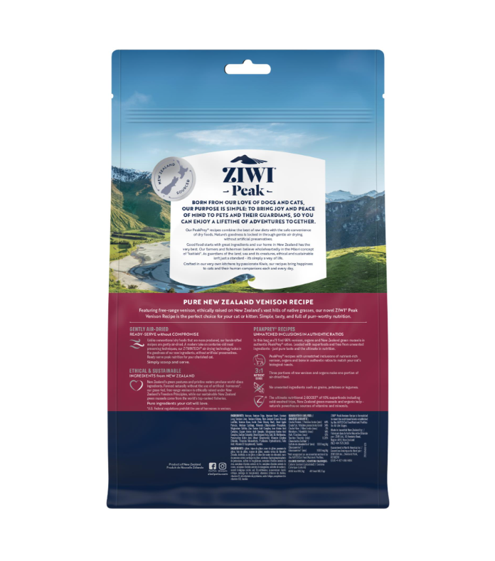 Ziwi Peak Air Dried Venison Recipe cat food back packaging with feeding guide and nutrition information