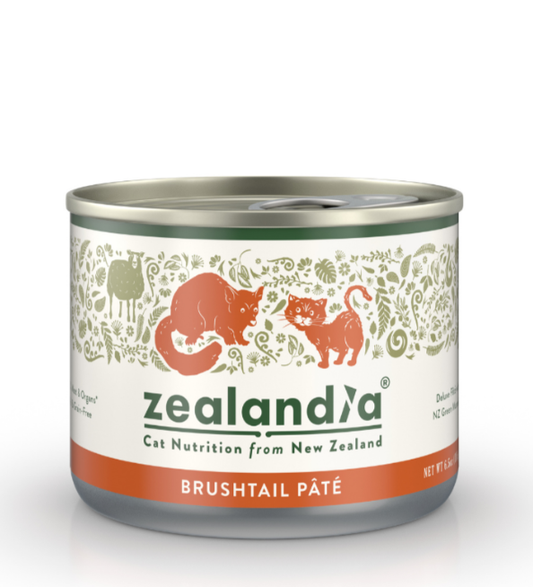 Zealandia Brushtail Pate wet cat food can front view with New Zealand brushtail recipe packaging