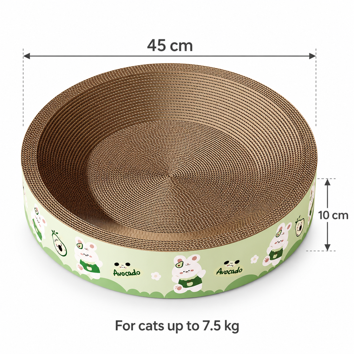 Round cat scratcher bed measuring 45 cm in diameter and 10 cm high, for cats up to 7.5 kg