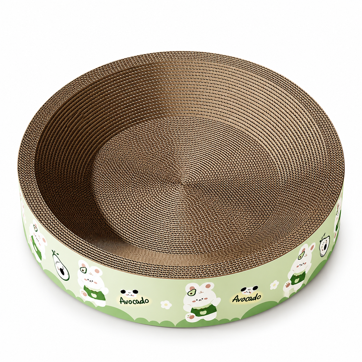 Round cardboard cat scratcher bed with a green avocado and bunny print on a white background
