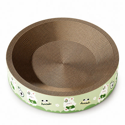 Round cardboard cat scratcher bed with a green avocado and bunny print on a white background