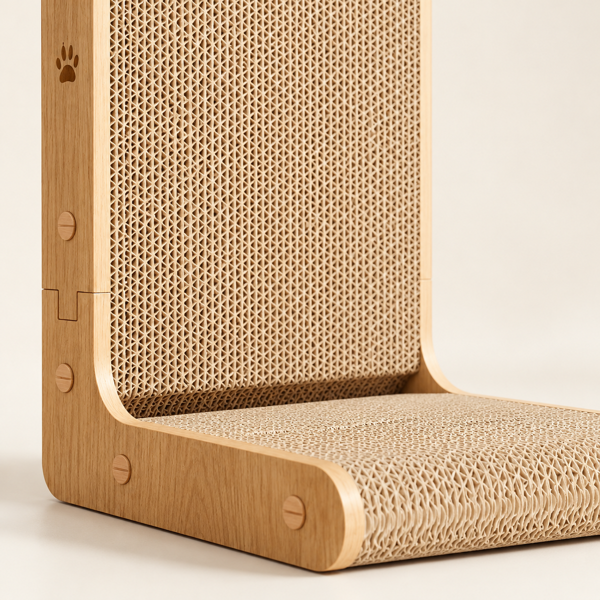 Close-up of corrugated cardboard scratching surfaces and rounded frame on an L-shaped cat scratcher