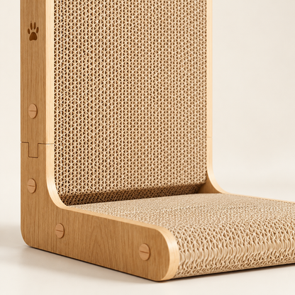 Close-up of corrugated cardboard scratching surfaces and rounded frame on an L-shaped cat scratcher