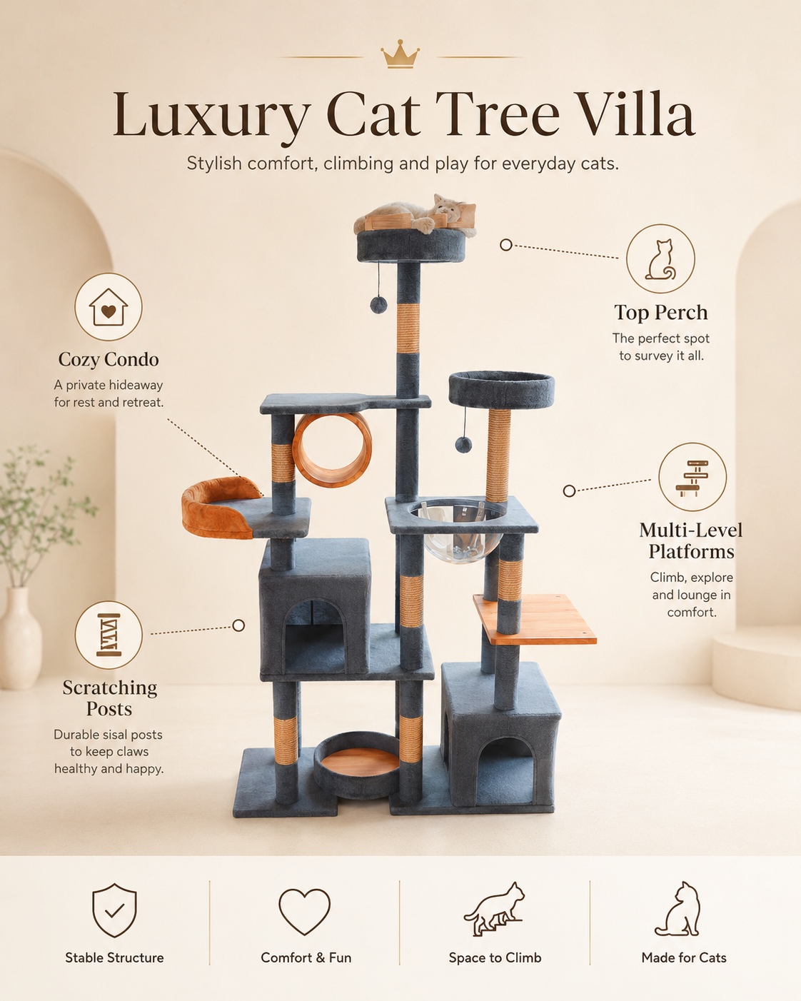 Luxury cat tree villa with cozy condo, top perch, scratching posts and multi-level platforms for cats