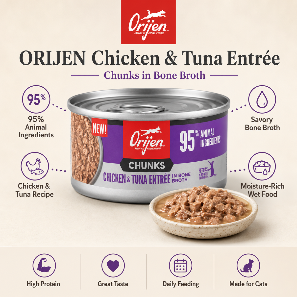 ORIJEN Chicken and Tuna Entrée wet cat food with chunks in bone broth and 95 percent animal ingredients