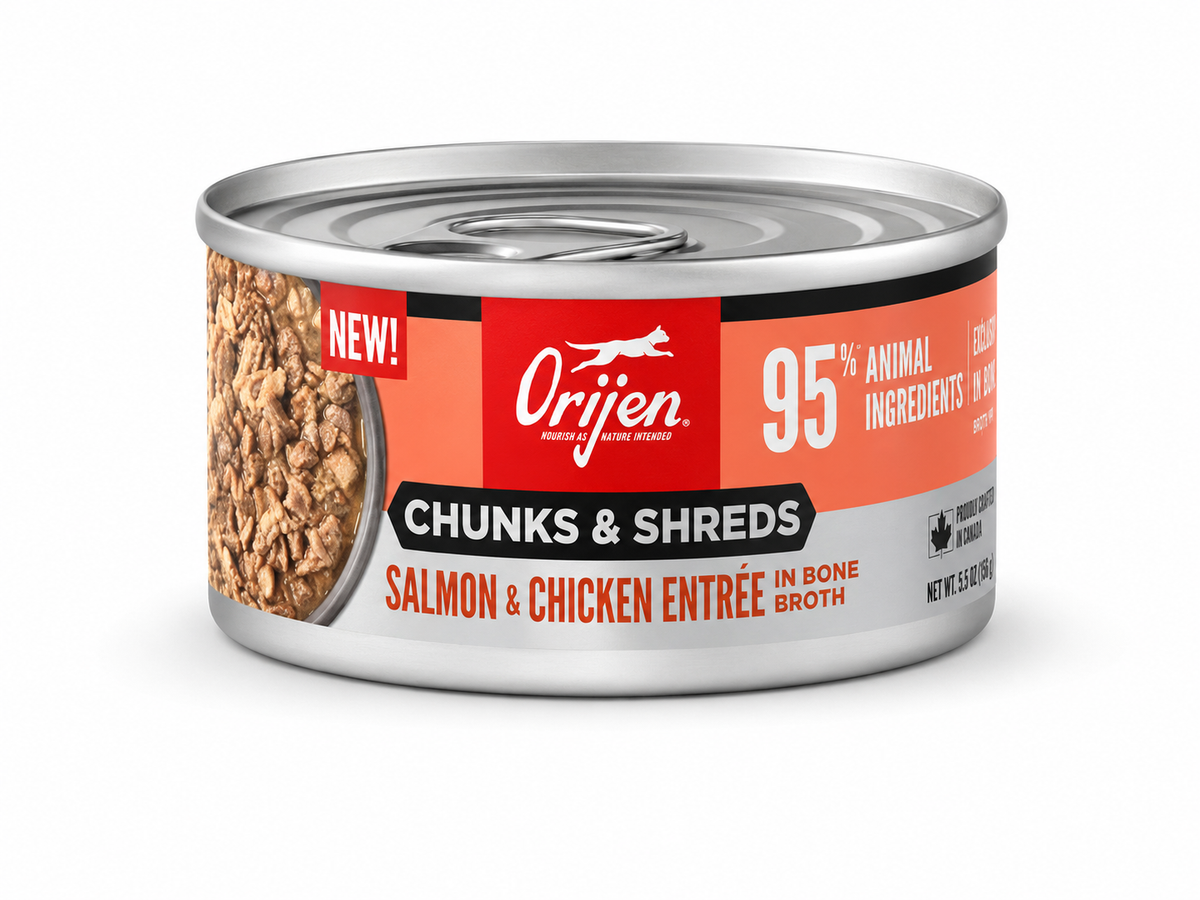 ORIJEN Chunks & Shreds Salmon & Chicken Entrée in Bone Broth wet cat food can with 95% animal ingredients