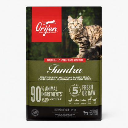 Orijen Tundra dry cat food front packaging with duck arctic char rainbow trout venison lamb and whole herring featuring 90 percent animal ingredients and WholePrey nutrition for all life stages cats